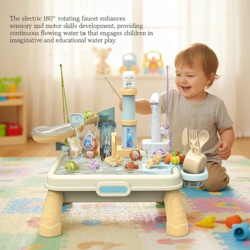 Table à eau beige multi-activités avec jeu de pêche et évier