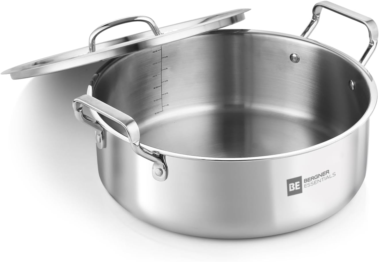 Bergner BE Essentials TriPly Stainless Steel 28 cm Shallow Biryani Pan with Stainless Steel Lid, 5.5 L Shallow Tope/Langri for Biryani, Non-Toxic, Healthy, Less Oil Use - Induction and Gas Stove Ready