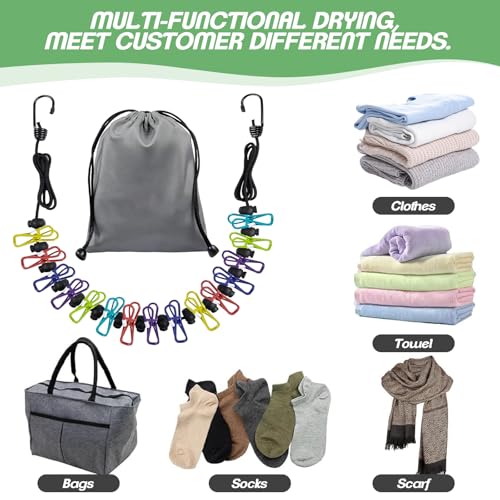Retractable Travel Clothesline, Portable Elastic Clothesline, Adjustable Travel Washing Line with 12 Colorful Clips & Storage Bag, Camping Accessories, for Holidays Travel Balcony (1PCS) - Image 6