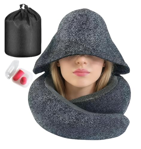 Image of Travel Neck Pillow with Extra Large Hood Rollable Airplane Hooded Neck Pillow with Memory Foam Filling and Removable, Skin-Friendly Cover with a Carrying Pouch (Cationic)