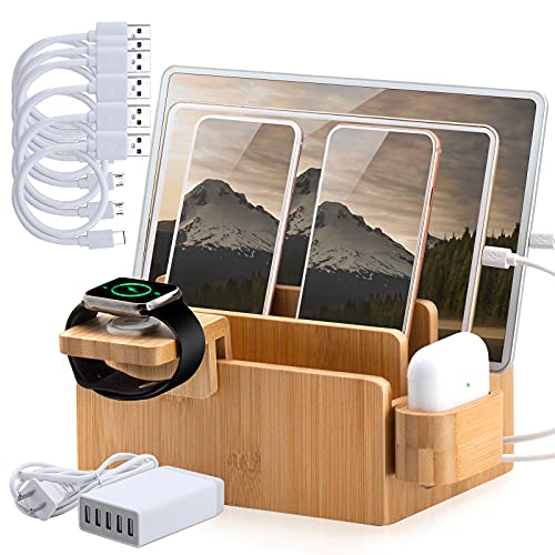 BEEBO BEABO Bamboo Charging Station Compatible with Phone, Tablet, Watch, Earbuds, Desktop Docking Station for Multiple Devices(Include Watch and Earbuds Stand, 6 Cables, USB Charger)