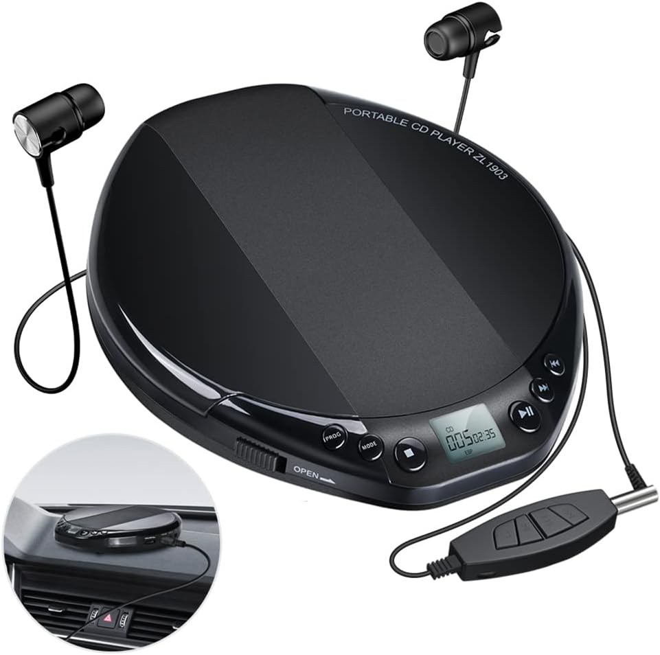 Gueray CD Player Portable High Resolution Lossless Digital Audio with In-line Control for 3.5mm Headset Anti-Skip Protection LCD Display Programmed Play Black for Car Kids