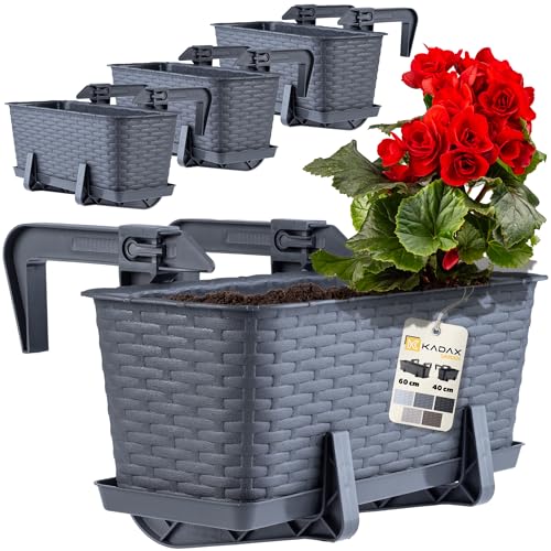 KADAX Lot de 4 jardinières 40 cm en Plastique avec Supports de Fixation – Bacs à Fleurs rectangulaires pour Balcon, Pots résistants pour Plantes et Herbes...