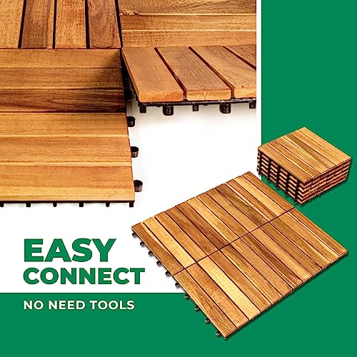 Solid Wood Interlocking Flooring Tiles (Pack of 10, 12\" x 12\"), Acacia Deck Tiles, Floor Tiles for Both Indoor and Outdoor Use, Waterproof All Weather 6 Slat (12x12, Natural Color) - Thumbnail 3