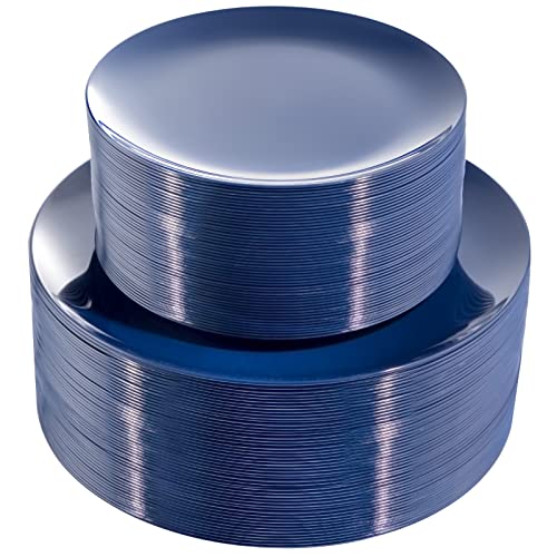 PULOTE 100PCS Blue Plastic Plates - Heavy Duty Navy Blue Disposable - Include 50PCS 10.25inch Dinner & 50PCS 7.5 inch Dessert/Salad Plates - Ideal for Party & Labor Day