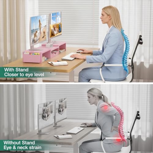 Image of OPNICE Desk Organizer and Accessories, Computer Monitor Stand Riser with Drawer and 2 Pen Holders, Laptop Stand, Office Desk Accessories for Office Supplies, Pink