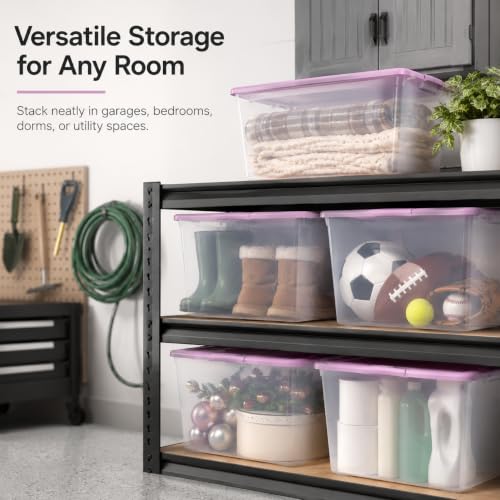 Image of Storage Bins 66 Qt Clear Latching Lid Stackable 6 Pack Purple