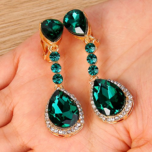 Brilove Wedding Bridal Clip-On Earrings For Women Crystal Teardrop Infinity Figure 8 Chandelier Dangle Earrings Emerald Color Gold-Toned #TOP2