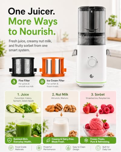 Image of 3-in-1 Cold Press Juicer for Juice, Nut Milk & Sorbet - Self Feeding Juicer Machines with Pre-Cut Blade, 6.5 inch&100oz Extra Large Chute Fits Whole Fruits & Vegetables, High Yield, Easy Clean