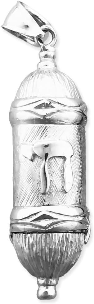 Rhodium Plated 925 Sterling Silver 3D Mezuzah with Star of David Pendant