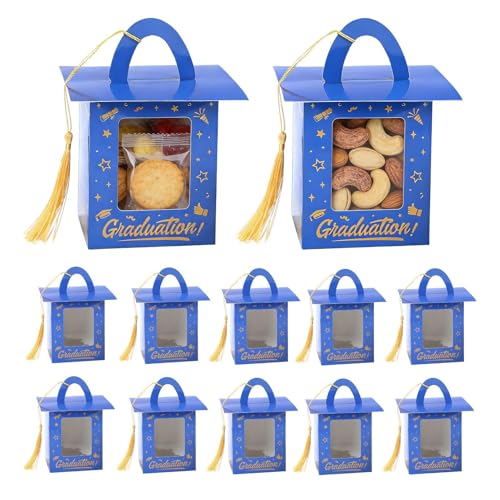Festive Treat Carrier - Graduation Party Box for Students | Paper Build with Tassel Detail, Transparent Window, 12-Piece Pack, Blue Black Design,...