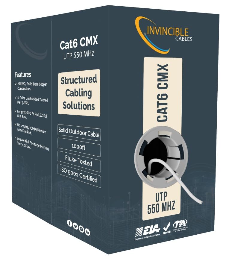 Cat6 Outdoor CMX 1000ft Cable | 100% Solid Copper, 550 MHz, 23AWG, 4 Pair, UTP | Fluke DSX-8000 Tested up to 100m | PoE, PoE+ & PoE++ Compatible | Industry’s Most Accredited Cable (White)