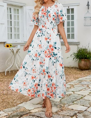 Image of ZESICA Women's 2026 Summer Boho Floral Maxi Dresses Casual Short Flutter Sleeve Smocked Tiered Flowy Dress