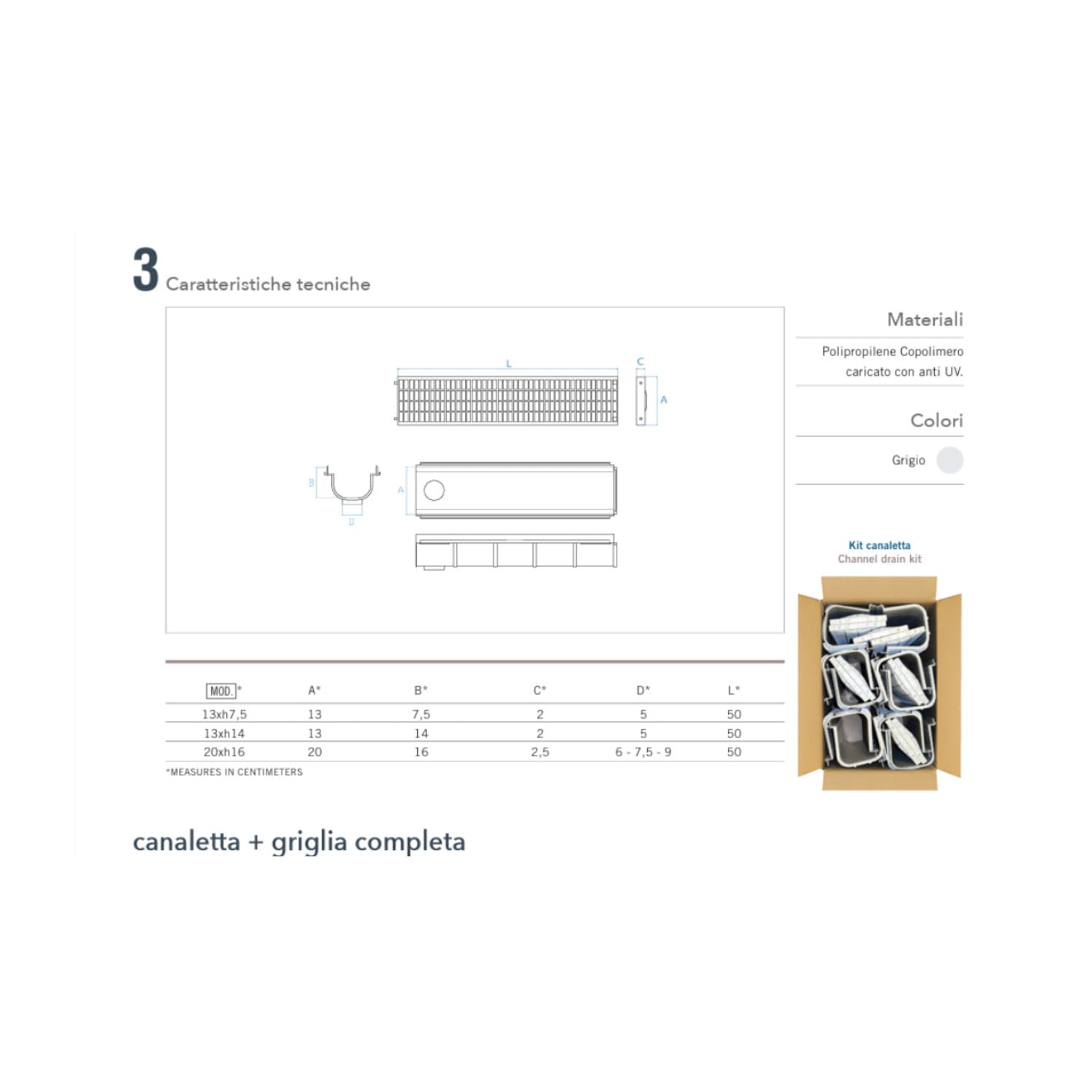 Canaletta Drenaggio Acqua Piovana - Kit Canalina completa con griglia 13X50 H 14 - Design modulare - Facile pulizia - Ideale giardini, cortili, bordo piscine - Antiscivolo - MADE IN ITALY