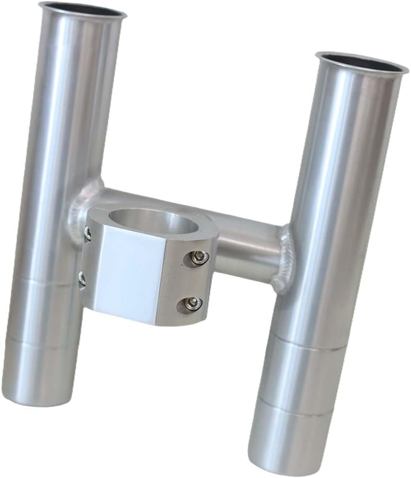 T-Top fishing Rod Holder Twin Aluminum clamp-on fit 1-1/2",1-7/8",2" inch horizontal or vertical fishing tower/leaning post/rail white black anodized (Silver Anodized)