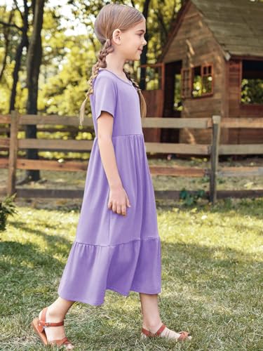 Batermoon Girls Short Sleeve Dress Casual A-Line Flowy Tiered Beach Maxi Dress with Pockcets4
