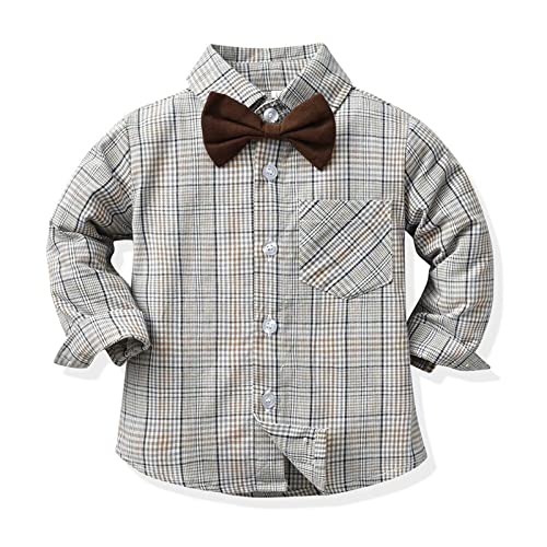 Kids Boys Formal Suspender Outfits sets,Long Sleeve Bowtie Plaid Shirts + Suspender Pants Wedding outfits3