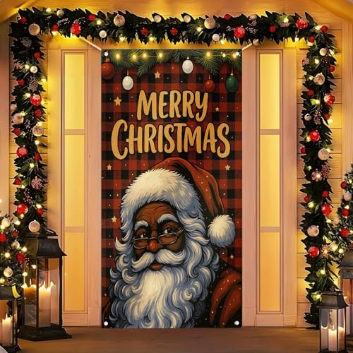 Image of BlissYard Christmas Door Cover Santa Glasses 35x71 Inch Polyester