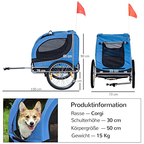 PawHut Hundeanhänger Fahrradanhänger Hundetransporter Hunde Fahrrad Anhänger Blau+Schwarz 130 x 73 x 90 cm