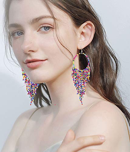 4-6 Pairs Long Beaded Tassel Dangle Earrings Handmade Bohemian Multicolor Statement Seed Beads Drop Earrings For Women (A) #TOP2