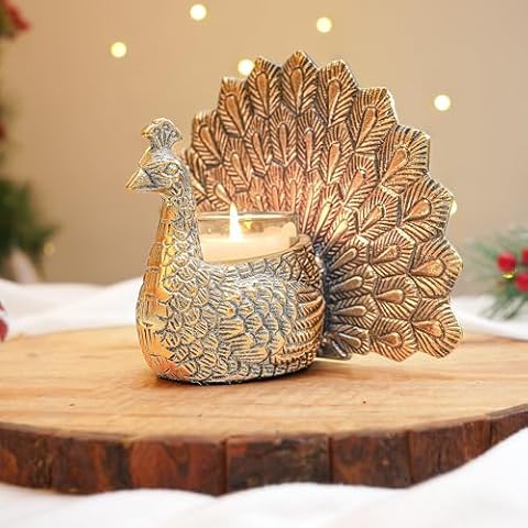 BEHOMA Metal Peacock Vastu Figurine for Good Luck and Love | Candle Holder for Home Dcor Tabletop Living Room Office | Showpiece Statue for Gifting (Scented Glass Votive Candle Included), Gold Cover