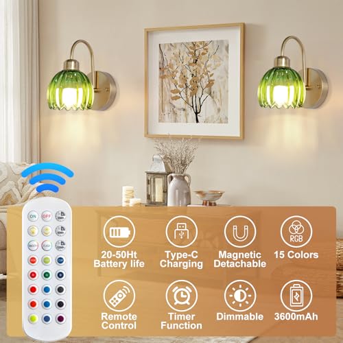 Image of Rechargeable Battery Operated Sconces Wall Decor Set of 2,Vintage Green Tulip Glass Lampshade Cordless Battery Powered Wall Lamp for Bedroom Living Room Kitchen