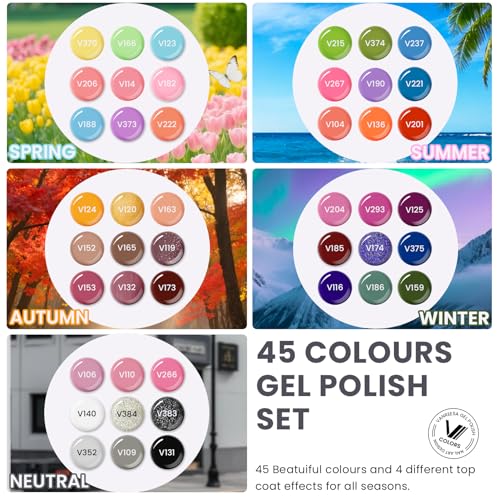 VANREESA Gel Nail Polish Set, 45+5 PCS Classic White Black Red Glitter Pink Blue Gel Polish Set with Base Top Coat Suitable for All Seasons Soak Off Nail Varnish Kit Nail Salon Set Gifts for Women