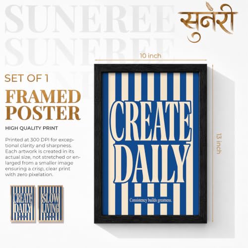 Image of Suneree Slow Living Create Daily Wall Art Set of 2 Framed Paintings | Blue Striped Typography Motivational Poster | Office Bedroom Home Decor (Art 22, 10x13 Inches, Black)