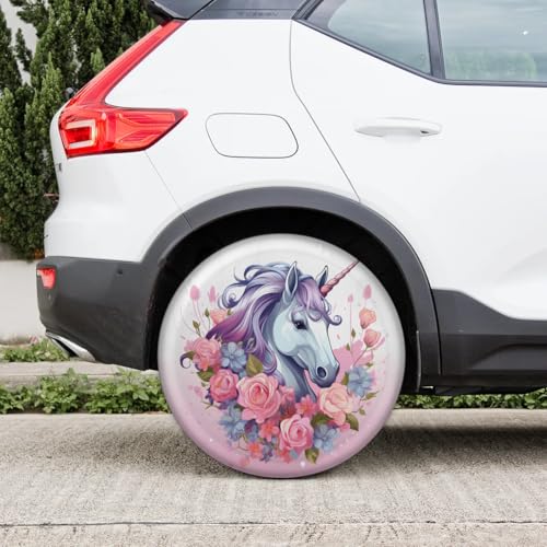 Image of Spare Tire Cover for RV Trailer, Unicorn Flower Tire Covers Universal Fit for Travel Trailer Camper Jeep RV SUV Truck Waterproof Wheel Cover (15 inch for Diameter 27 inch - 29 inch)