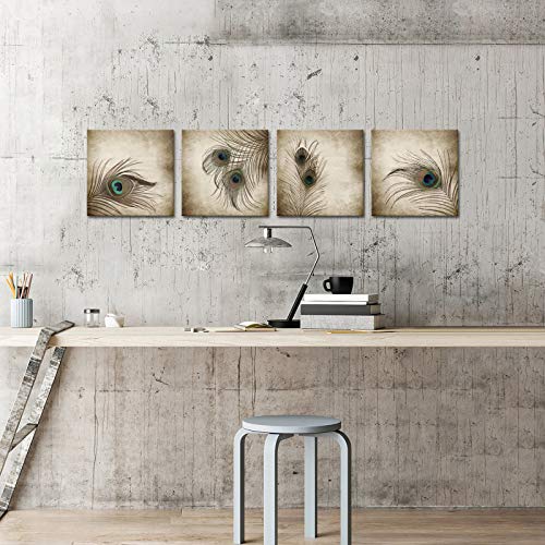 Klvos 4 Panel Canvas Wall Art Vintage Style Peacock Feathers Picture With Wooden Frame Giclee Print Gallery Wrap Animal Artwork For Bathroom Living Room Modern Home Art Ready To Hang 12"X12"X4Pcs #TOP3