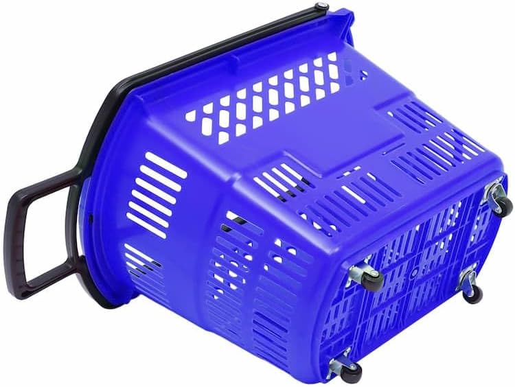 6PCS Plastic Shopping Basket with Handles & Wheels, 35L Grocery Basket with 4 Wheels Utility Carts, Portable Rolling Shopping Baskets for Supermarkets and Retail Stores, Blue