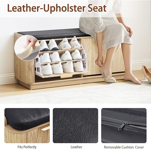 affeivul 43.3''W Fluted Shoe Rack Bench with 2 Flip Drawers, Entry Bench Seat with 3-Tier Shoe Storage and Leather Cushion, Shoe Organizer Bench for Entryway, End of Bed, Living Room - Natural — view 4