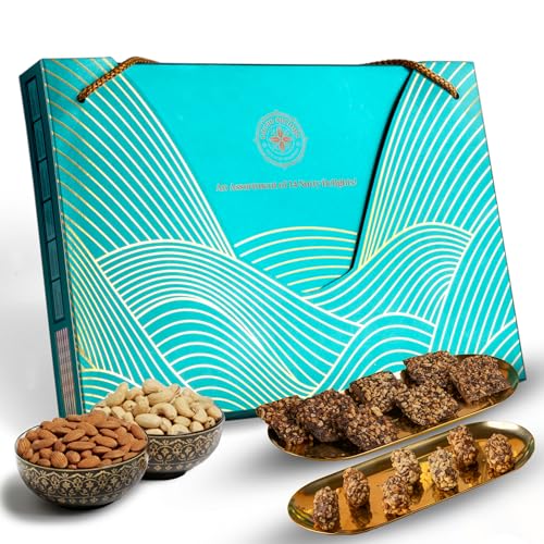 Image of Cacao Springs Nutty Diwali Gift Box - Assorted Chocolates Combo Pack - Crunchy Brittle & Roca with Mixed Nuts (Almond & Cashew Nuts) - Premium Chocolate Box For Gift - 7 Each x 2 = 14 Pieces