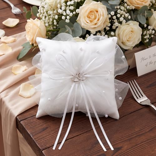Fuutreo Wedding Ring Pillow, 7.87 Inch Tulle Pearl Ivory Ring Bearer Pillow with Satin Bowknot Rings Cushion Holder for Wedding Proposal Ceremony Party Anniversary by Fuutreo - Image 4