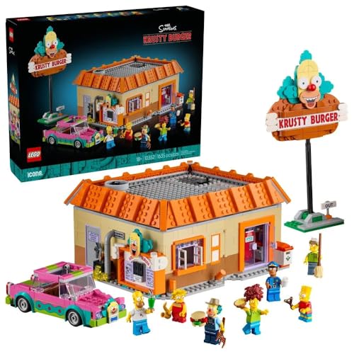 LEGO Icons The Simpsons : Krusty Burger, Home Decor Building Kit for Adults Includes Homer, Bart and Lisa Simpson, Farmer Krusty, Sideshow Bob, Squeaky Voiced Teen and Officer Lou Minifigures 10352