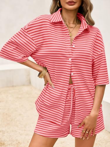 Image of Tankaneo Womens Striped 2 Piece Sets Short Sleeve Lounge Set | Button Down, Waffle Knit, Pajama Lounge Set, Summer Outfits