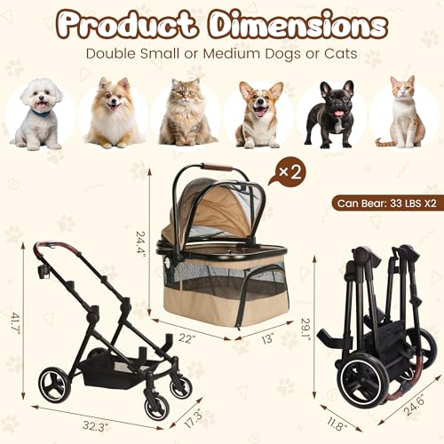 Image of Foldable Double Pet Stroller for 2 Small Medium Cats Dogs | Convertible single /double | Detachable carriers | All-terrain wheels & shock | Safety brakes & tether | Breathable oxford