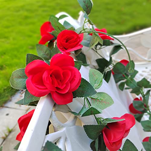 4Pcs(32 Ft) Artificial Rose Vine Fake Flower Garland Hanging Rose Ivy Hanging Baskets Wedding Arch Garden Background Decor (Red) #TOP3