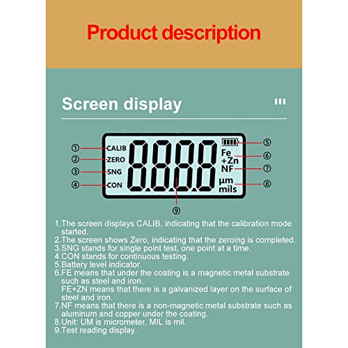Miernik grubości powłoki, precyzyjny tester sondy samochodowej z dużym podświetlanym wyświetlaczem LCD, mierzy 0,1 µm dla Fe/NFe i Fe+Zn