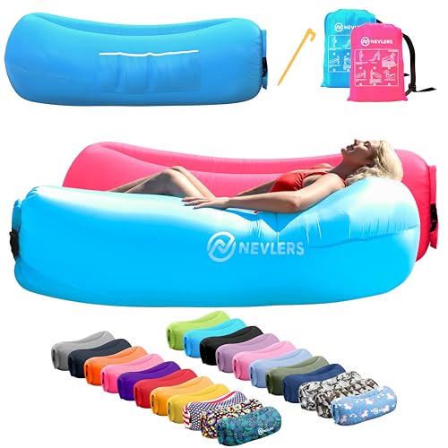 Opiniones de Sofás hinchables los mejores 5. 44 Nevlers - Tumbona inflable azul y rosa, 2 unidades, sofá de aire de poliéster 210T, sofá inflable sin bomba, juego de sillas hinchables con 450 libras. Capacidad, bolsillos y...