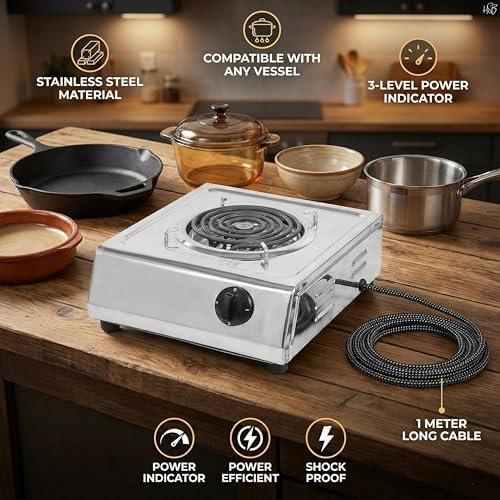 Image of Drumstone 2000W Stainless Steel Electric Coil Hot Plate | Heavy-Duty Portable Single Burner Stove with Rotary Temperature Control | Fast Heating Cooktop Compatible with All Metal Cookware