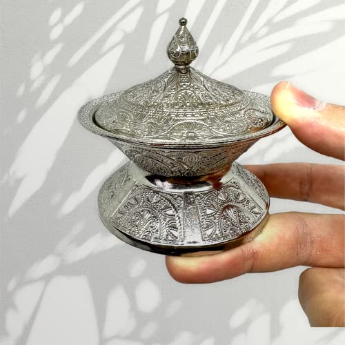 Alisveristime Traditional Ottoman Turkish Handmade Zamac Sugar Bowl With Lid (Diameter 3.34", Length 3.54"), Intricate Motifs, Ideal For Coffee And Tea Serving, Available In Gold And Silver (Silver) #TOP3