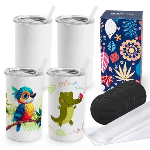 Joyclub 4 Pack 12 oz Sublimation Tumblers Stainless Steel Skinny Straight Sublimation Tumbler with Lid and Straw Ideal for DIY Gifts, Tea, Coffee, Wine White 4 Pack