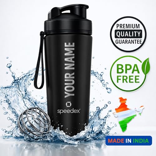 Image of Speedex YouFit Customized Stainless Steel Gym Shaker Bottle 750ml with Mixing Ball, Leakproof Flip Cap, Wide Mouth, Measurement Markings, Personalized Name /Logo Metal Protein Shaker - Black