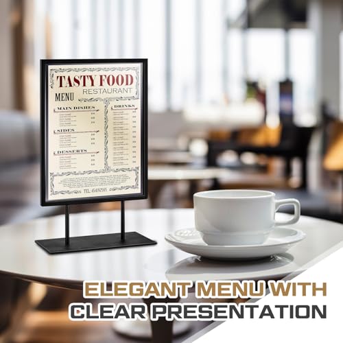 Image of Zhengmy 1 Pcs Tabletop Sign Holder with Flat Base 11 inch x 8.5 inch Double Sided Countertop Sign Holder Vertical Desktop Display Stand Metal Poster Display Stand for Office Store Restaurant Hotels, Black