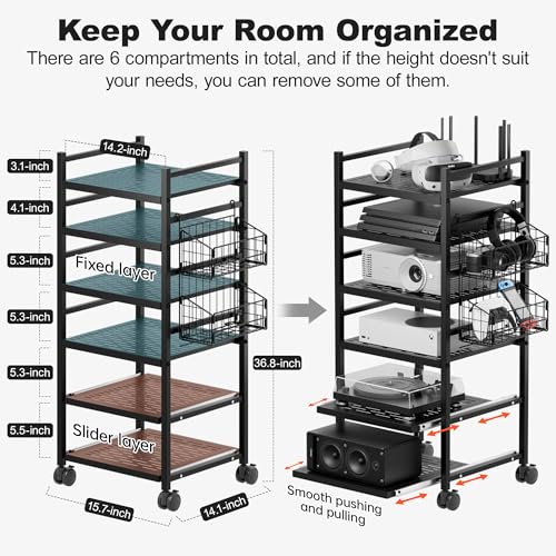 AENTGIU Audio Rack, 6-Tier AV Media Stand with Wire Basket and Wheels, Gaming Console Shelves Cabinet for Entertainment Stereo Racks Component, Storage and Collection Display (Black) - Image 4