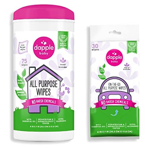 All Purpose Wipes by Dapple Baby, Plant Based & Hypoallergenic Cleaning Wipes, Hint of Lavender, 75 Count Canister + 30 Count (Pack of 1) Cover