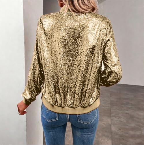 Gryvoilet Women Glitter Sequined Bomber Jacket Zip Up Rib Stand Collar Long Sleeve Cropped Sparkly Jacket Casual Party Club Coat with Pockets - image 3
