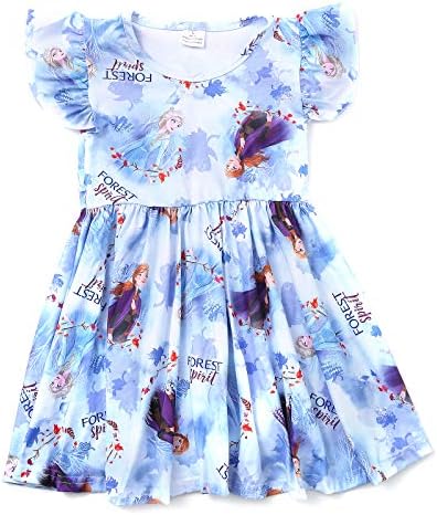 GIANIN Toddler Girls Princess Cartoon Twirl Dress Ruffle Bottom Blue Summer Flutter Sleeves Clothes 5-6Y
