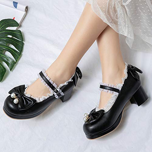 Image of LUXMAX Women Kawaii Mid Block Heel Mary Jane Rockabilly Pumps with Bow Platform Chunky Heel Cute Sweet Shoes
